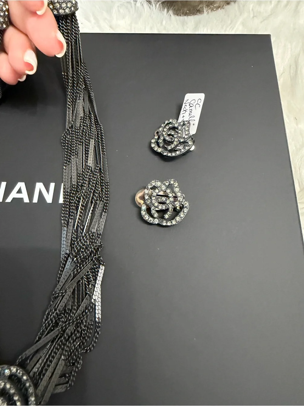 CHANEL Black Multi-Strand Necklace with Crystal Camellia Pendant and Earrings